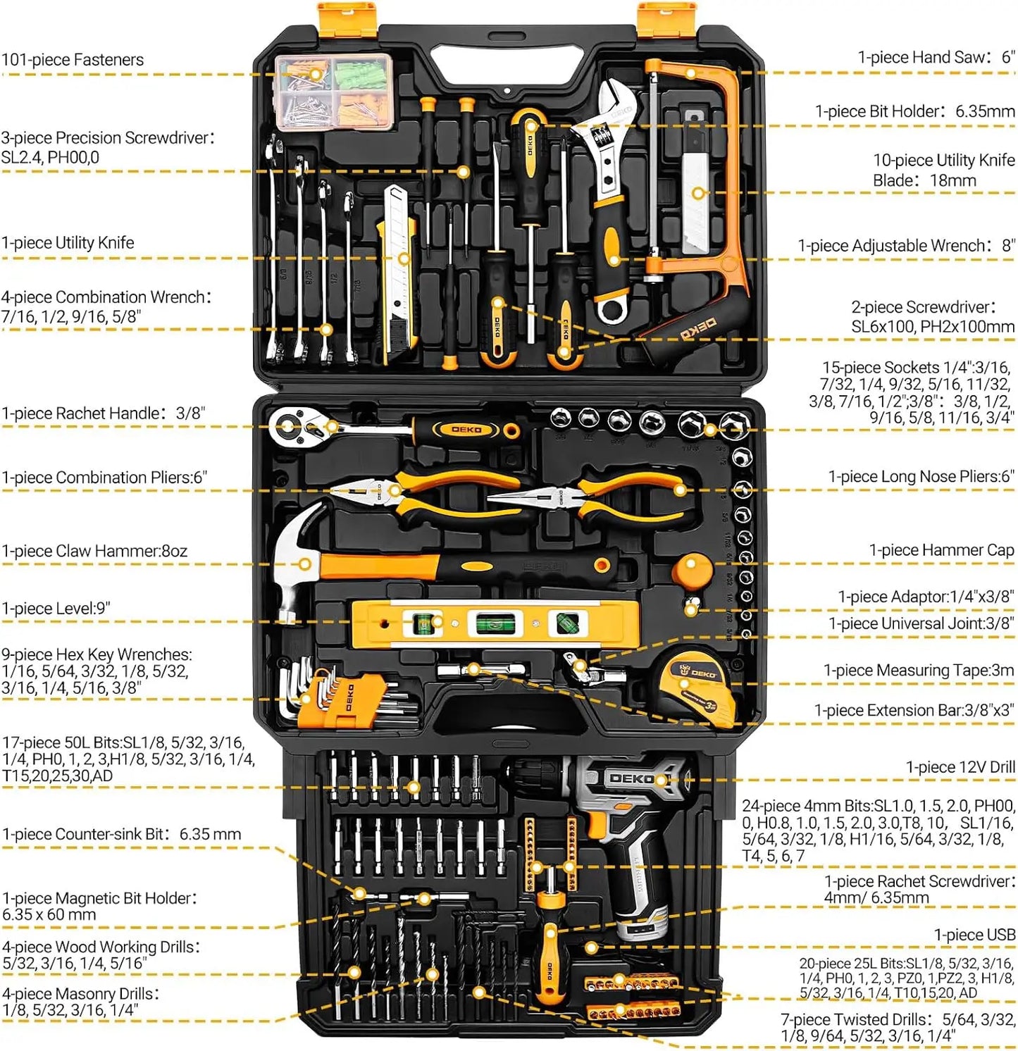 DEKODIY 12V Cordless Drill Tool Set Toolbox Organizer