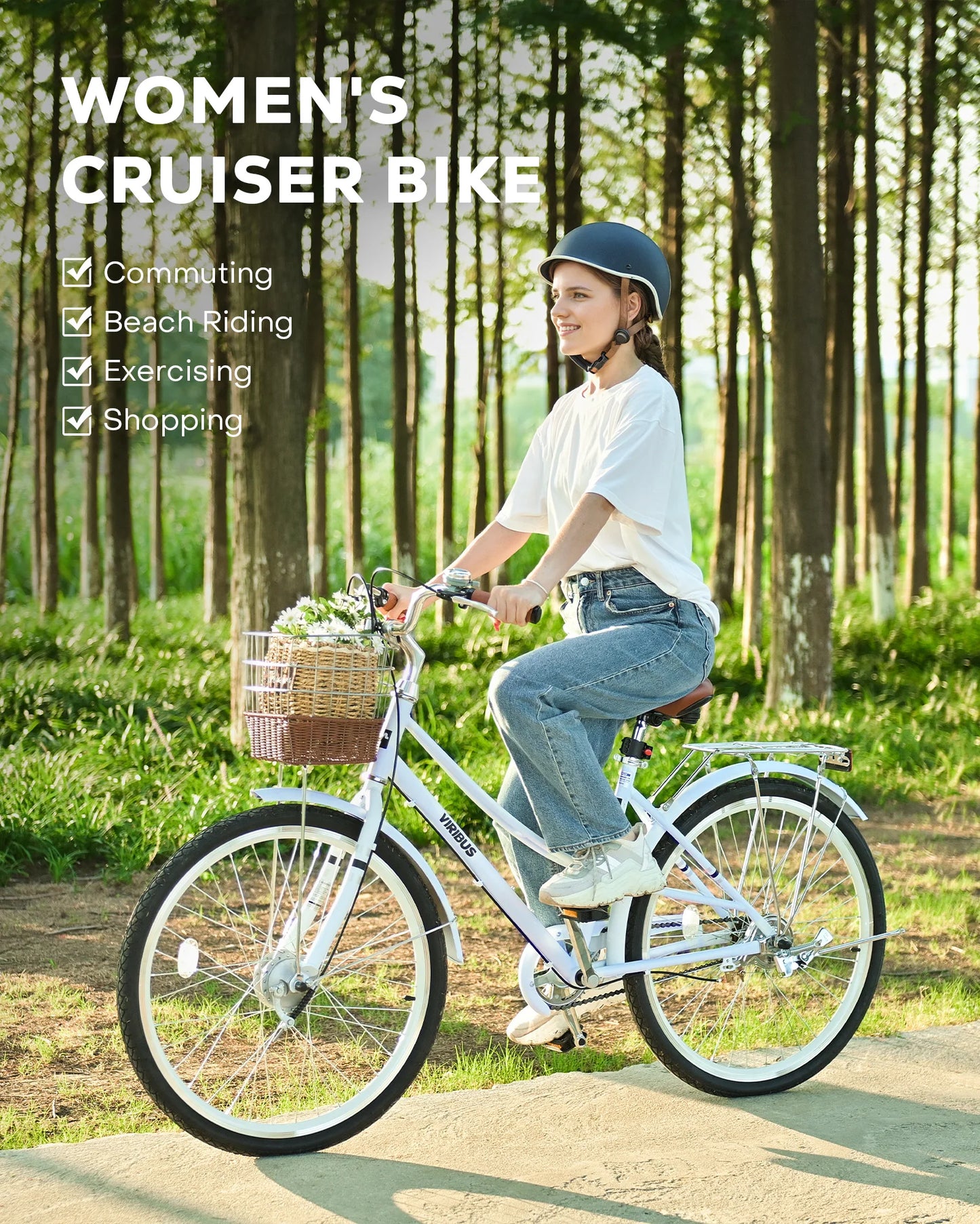Fork Women's Cruiser Bike With Rattan Basket And Steel Rack