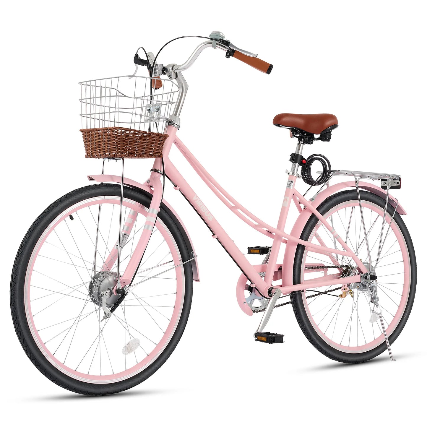 Fork Women's Cruiser Bike With Rattan Basket And Steel Rack