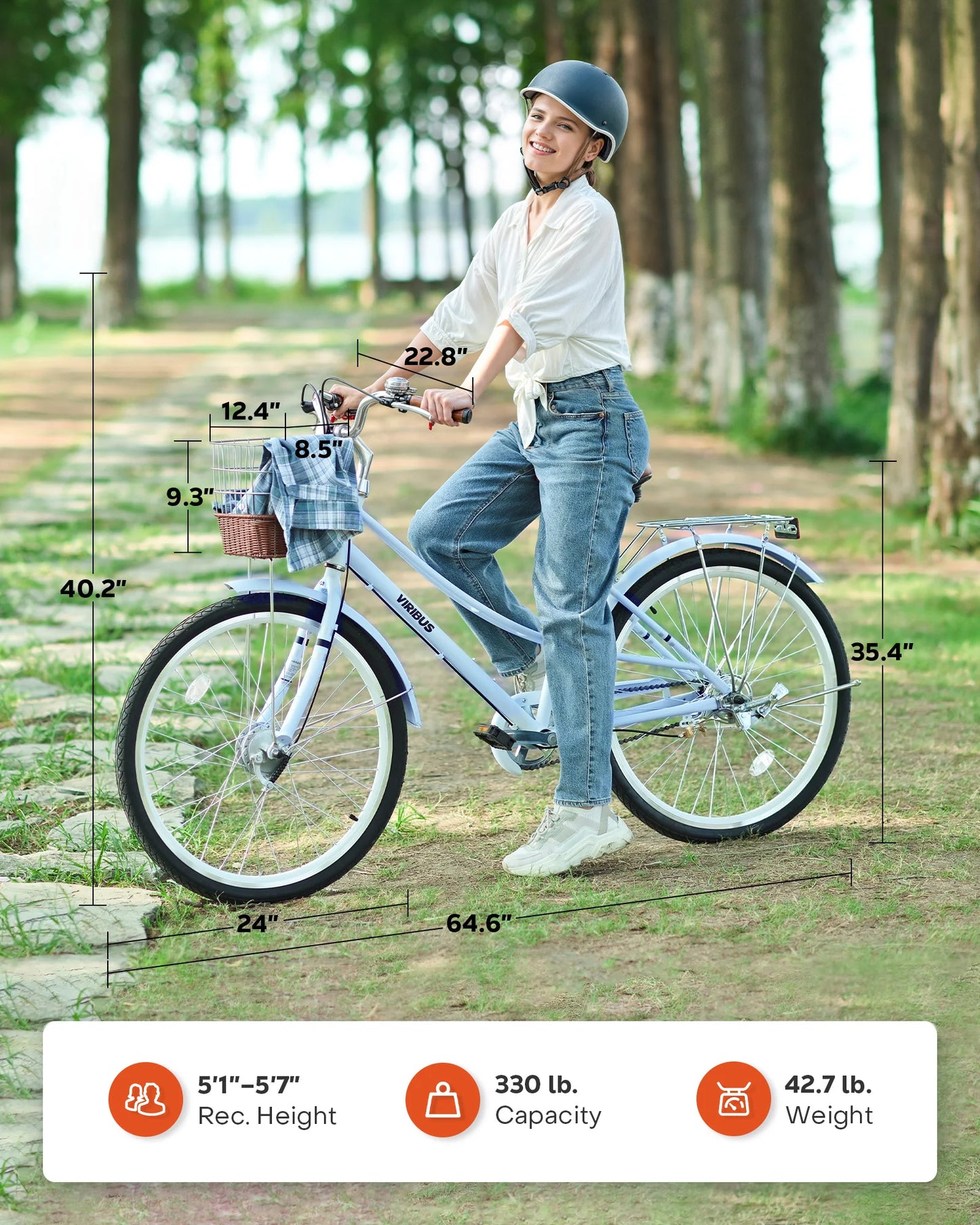 Fork Women's Cruiser Bike With Rattan Basket And Steel Rack