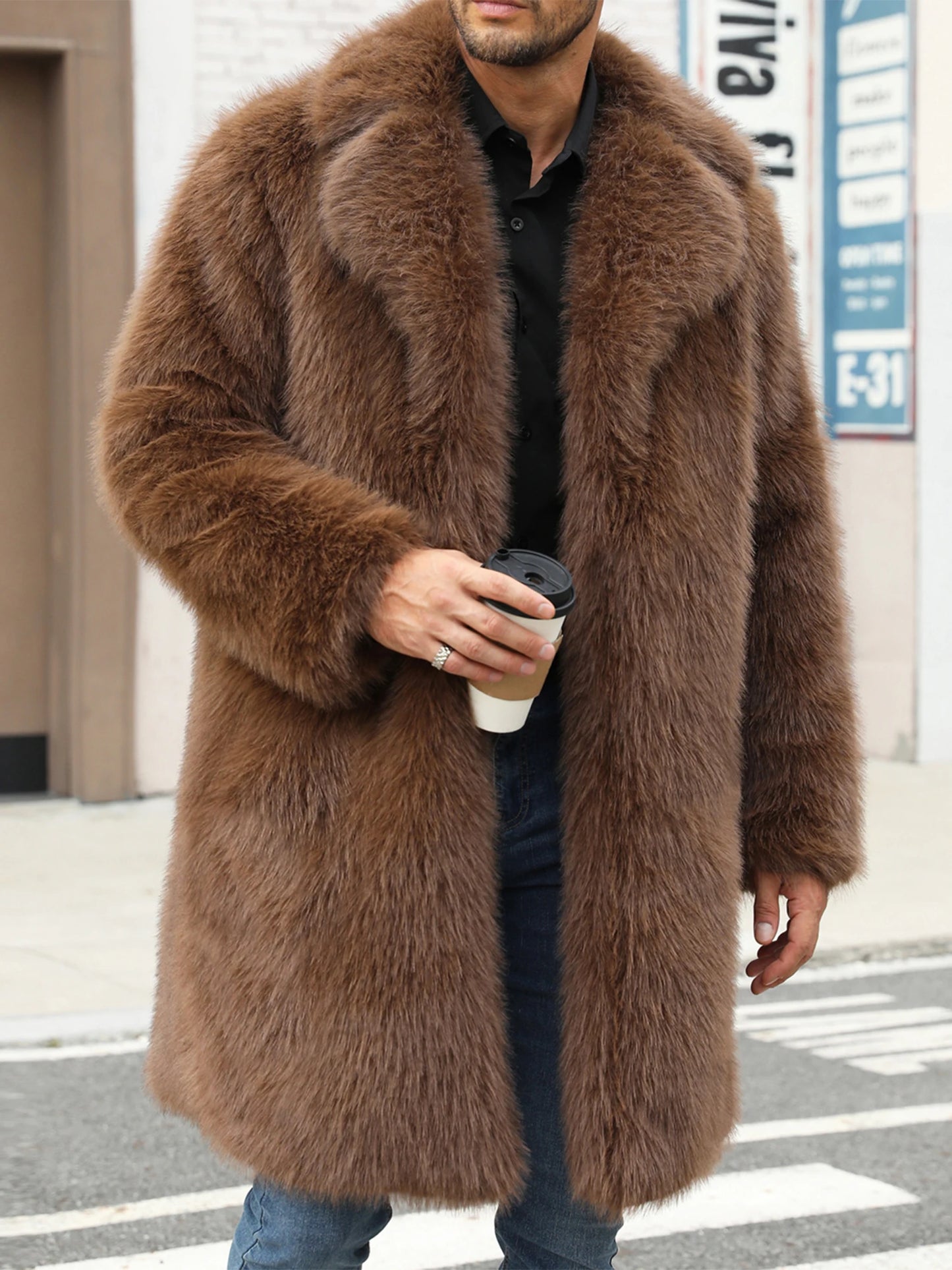 Men's Faux Fur Coat Winter Warm Open Front Overcoat Style