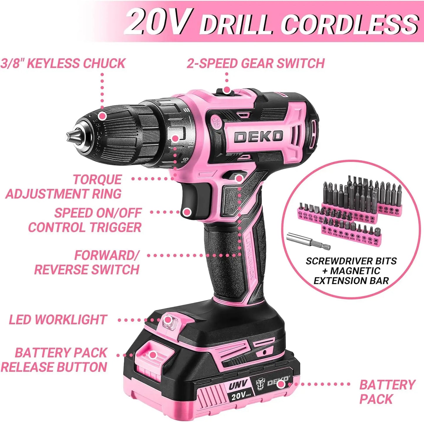 Deko 20V Cordless Drill Kit With Battery And Storage Box