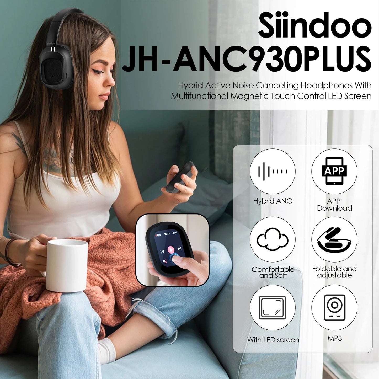 Siindoo ANC930Plus Hybrid Wireless Headphones With Touch LED Screen