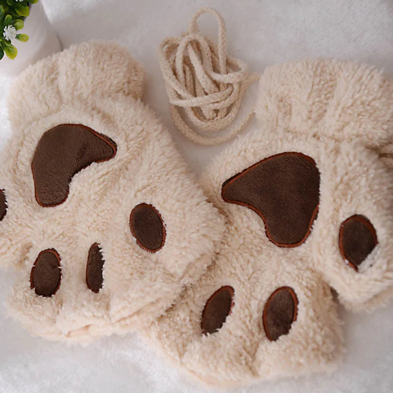 Cartoon Cat Claw Paw Gloves Unisex Plush Mittens For Winter