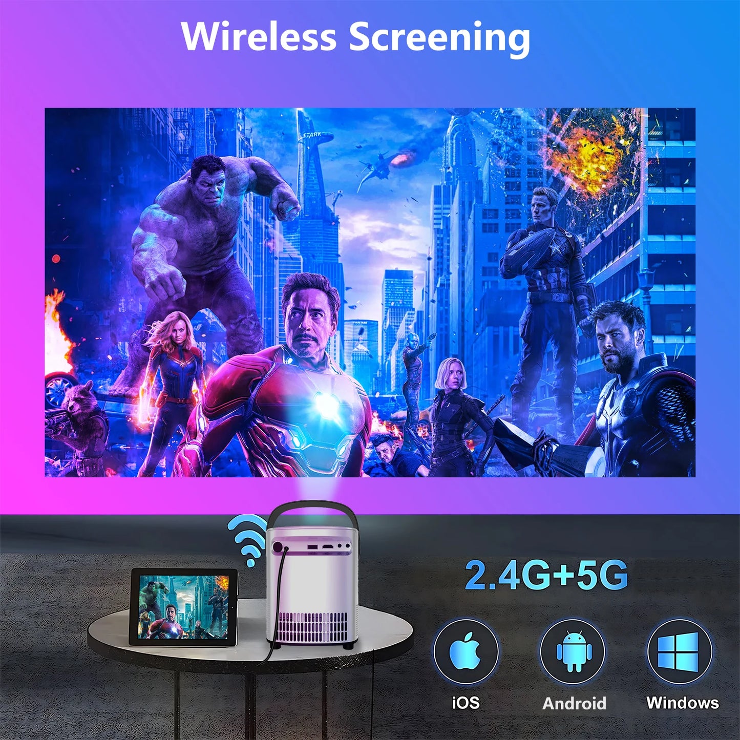 FEEL WOW T2 Portable WiFi Bluetooth Projector With Stand