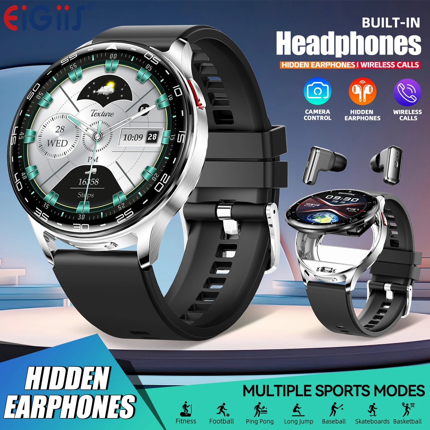 EIGIIIS Smart Watch With Earbuds HD Fitness Tracker Blood Oxygen
