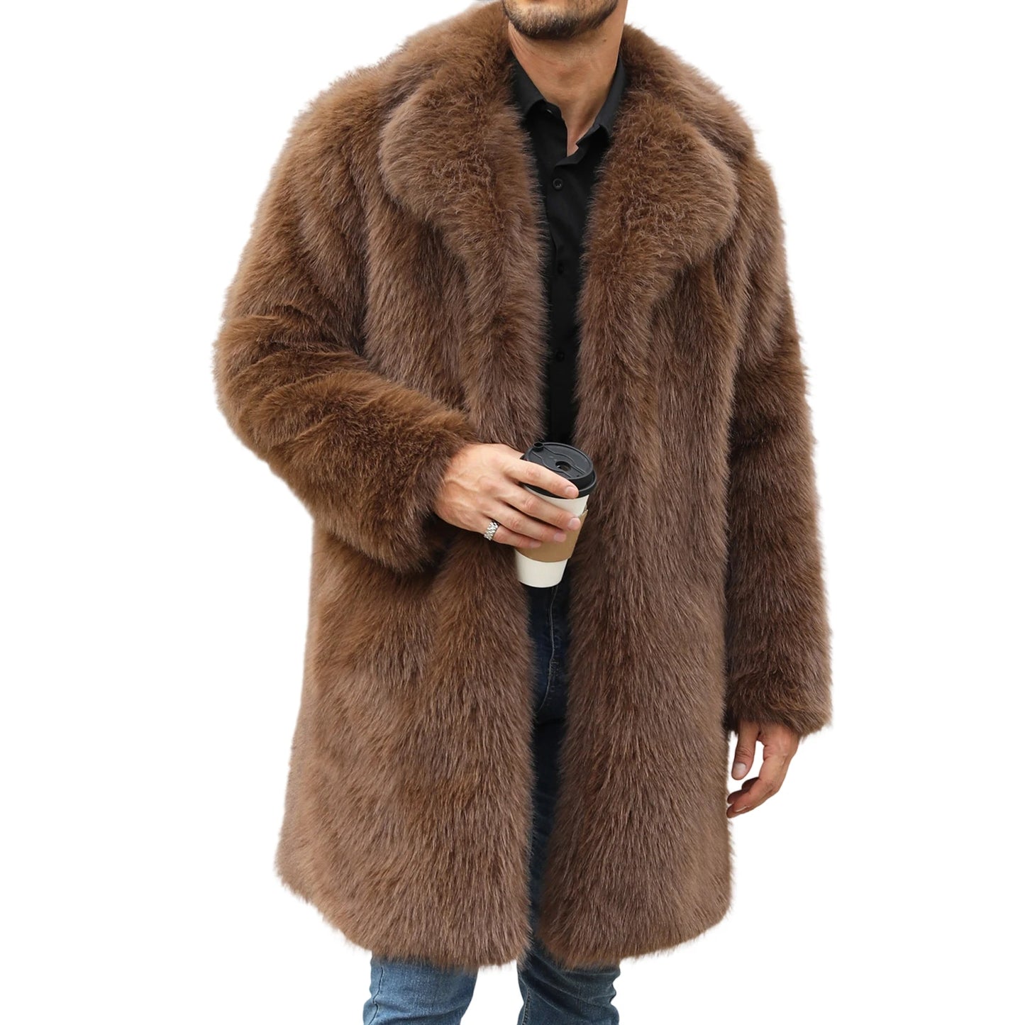Men's Faux Fur Coat Winter Warm Open Front Overcoat Style