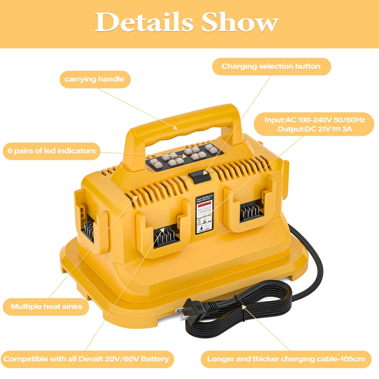 JYJZPB Six Port Rapid Battery Charger Station For Dewalt Flexvolt 20V 60V