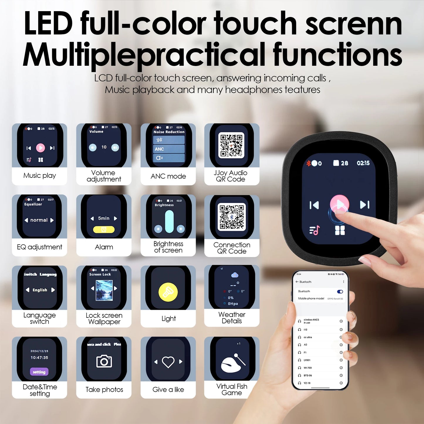 Siindoo ANC930Plus Hybrid Wireless Headphones With Touch LED Screen