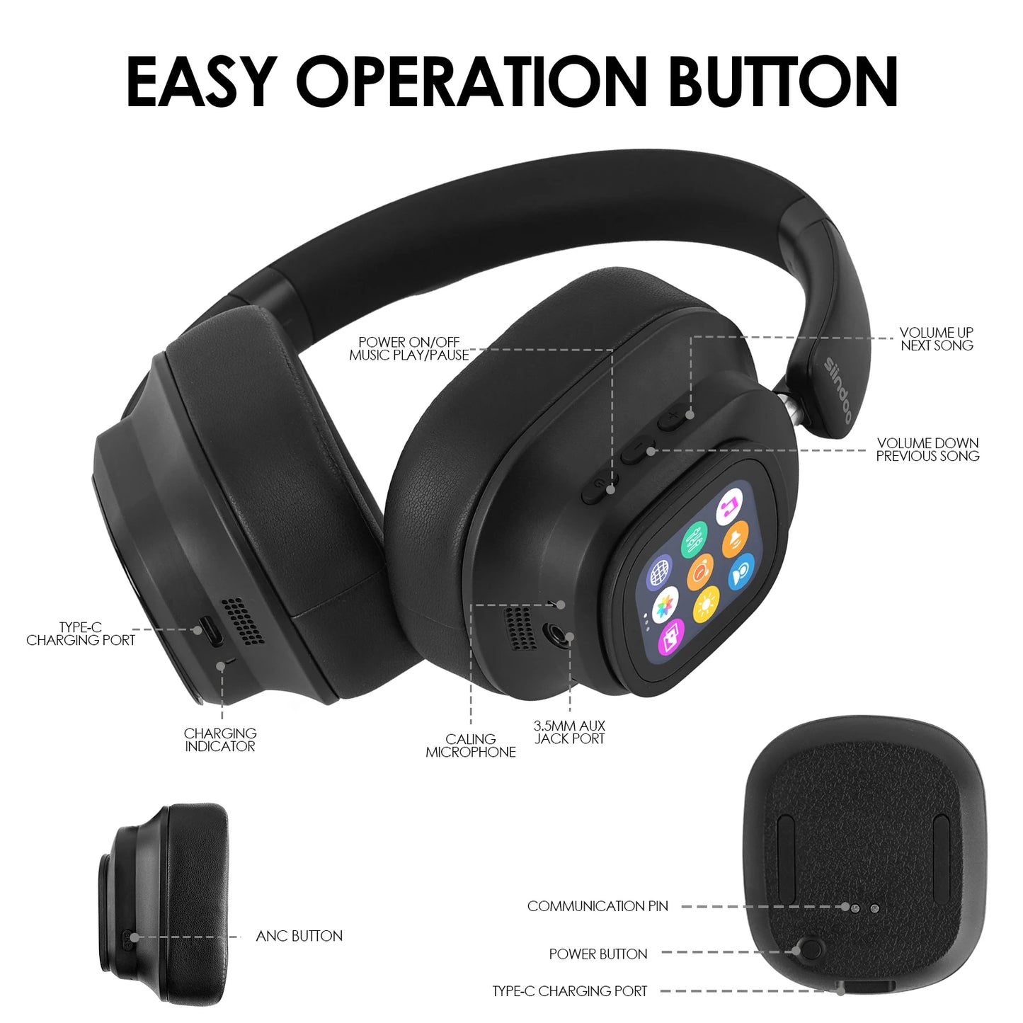 Siindoo ANC930Plus Hybrid Wireless Headphones With Touch LED Screen