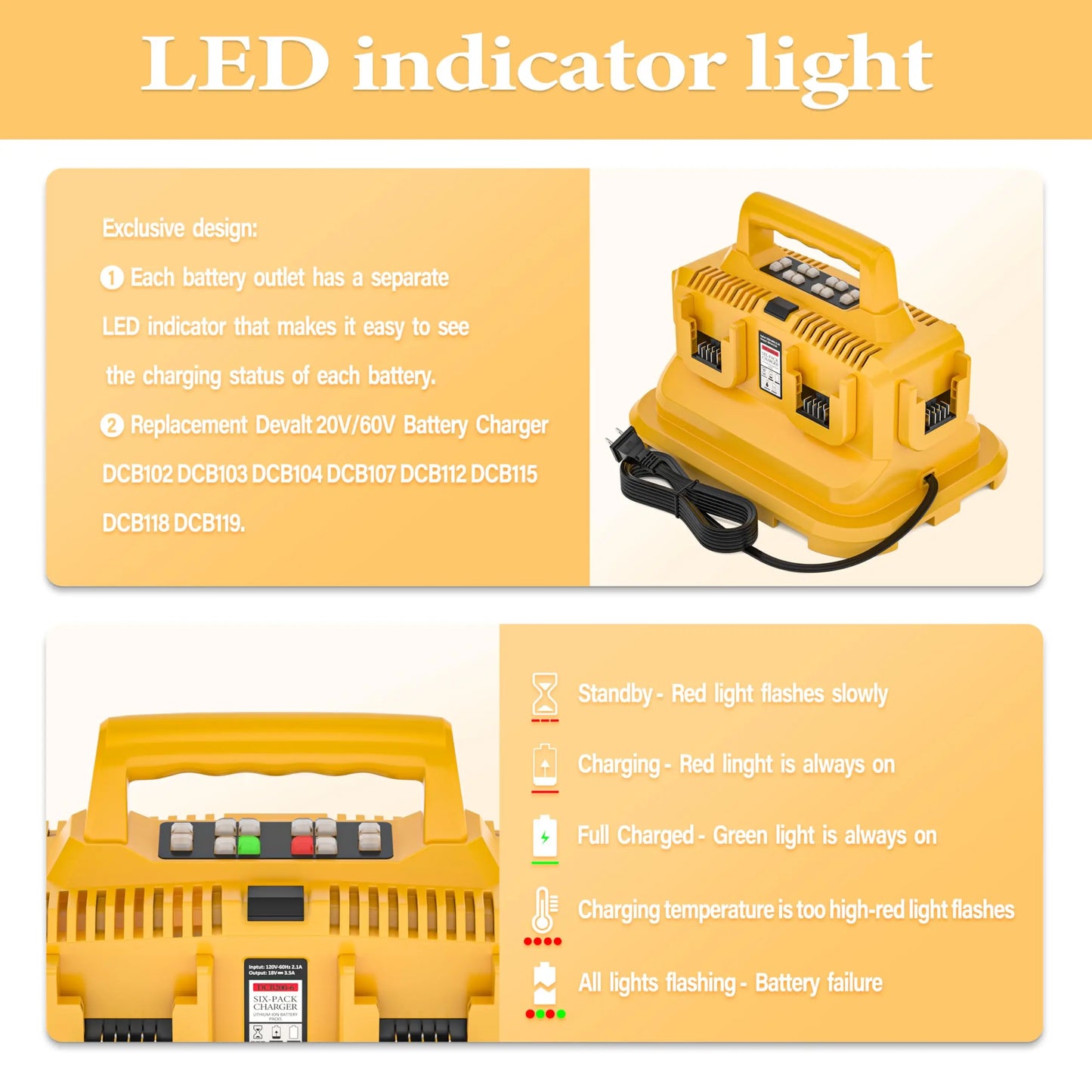 JYJZPB Six Port Rapid Battery Charger Station For Dewalt Flexvolt 20V 60V