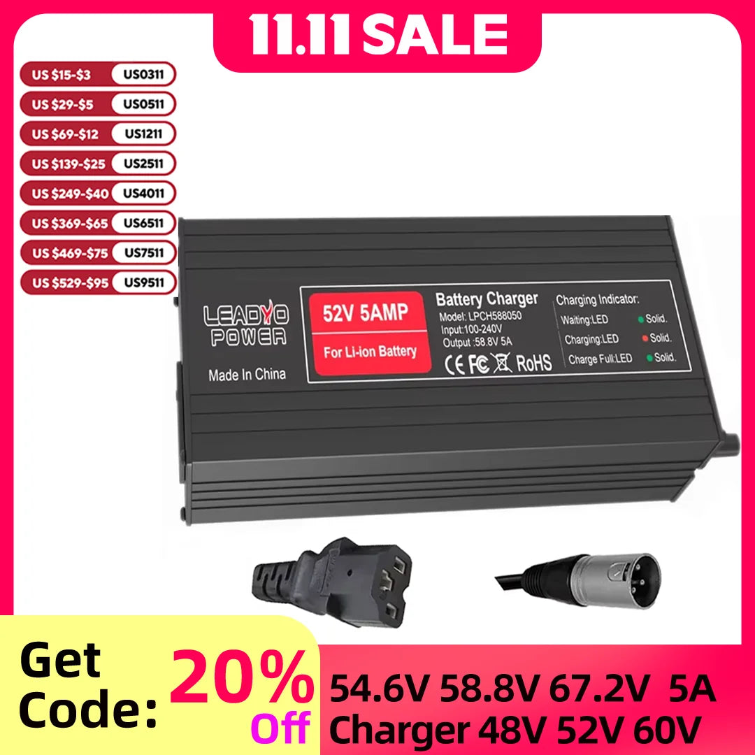 Lifepo4 Power 54.6V to 67.2V 5A Lithium Battery Charger