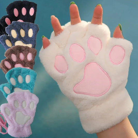 Cartoon Cat Claw Paw Gloves Unisex Plush Mittens For Winter
