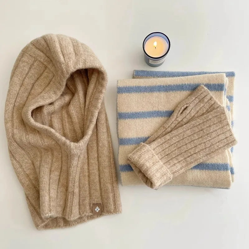 Brim Women's Korean Style Wool Blend Balaclava Hat Set Winter