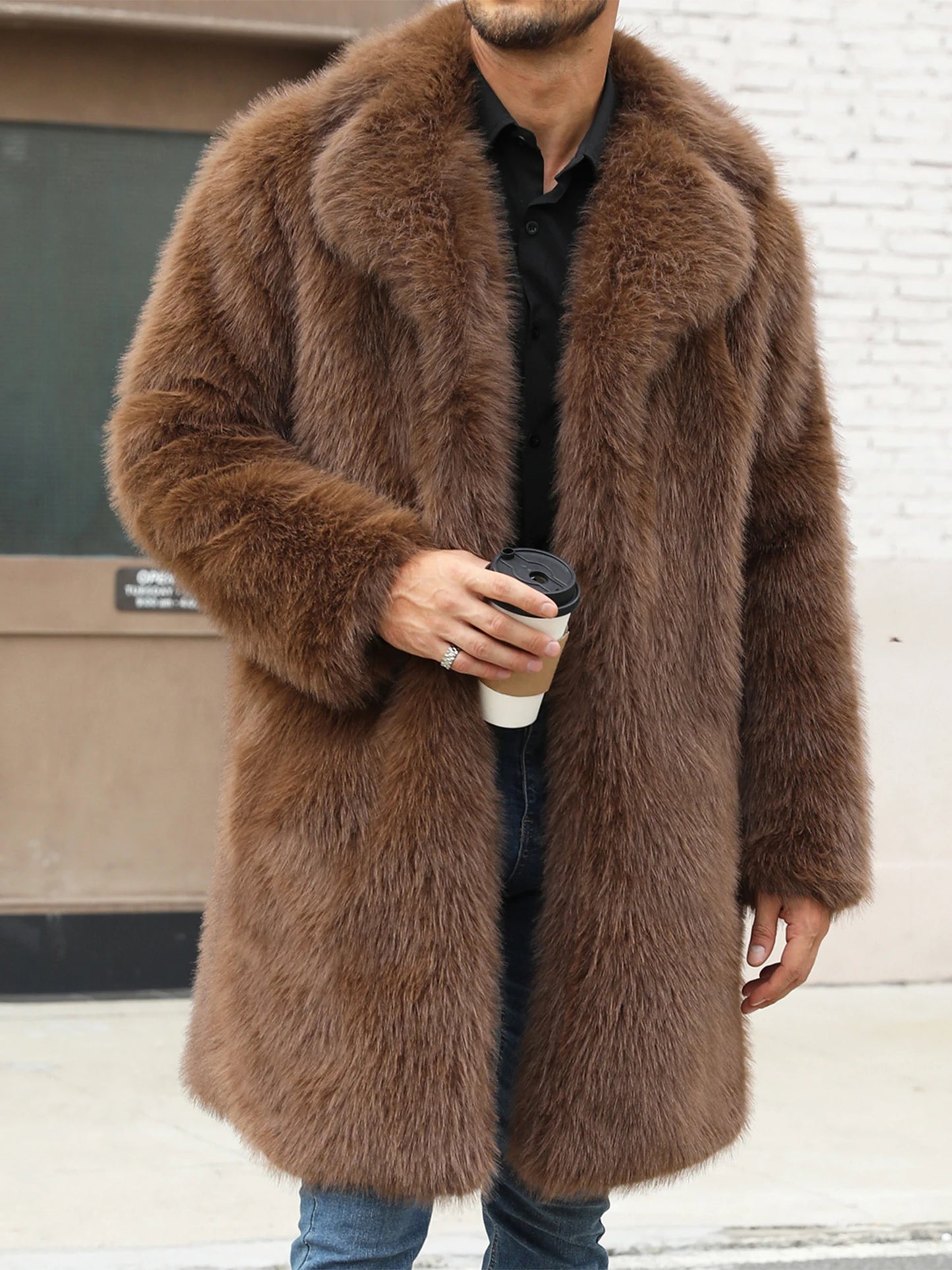 Men's Faux Fur Coat Winter Warm Open Front Overcoat Style