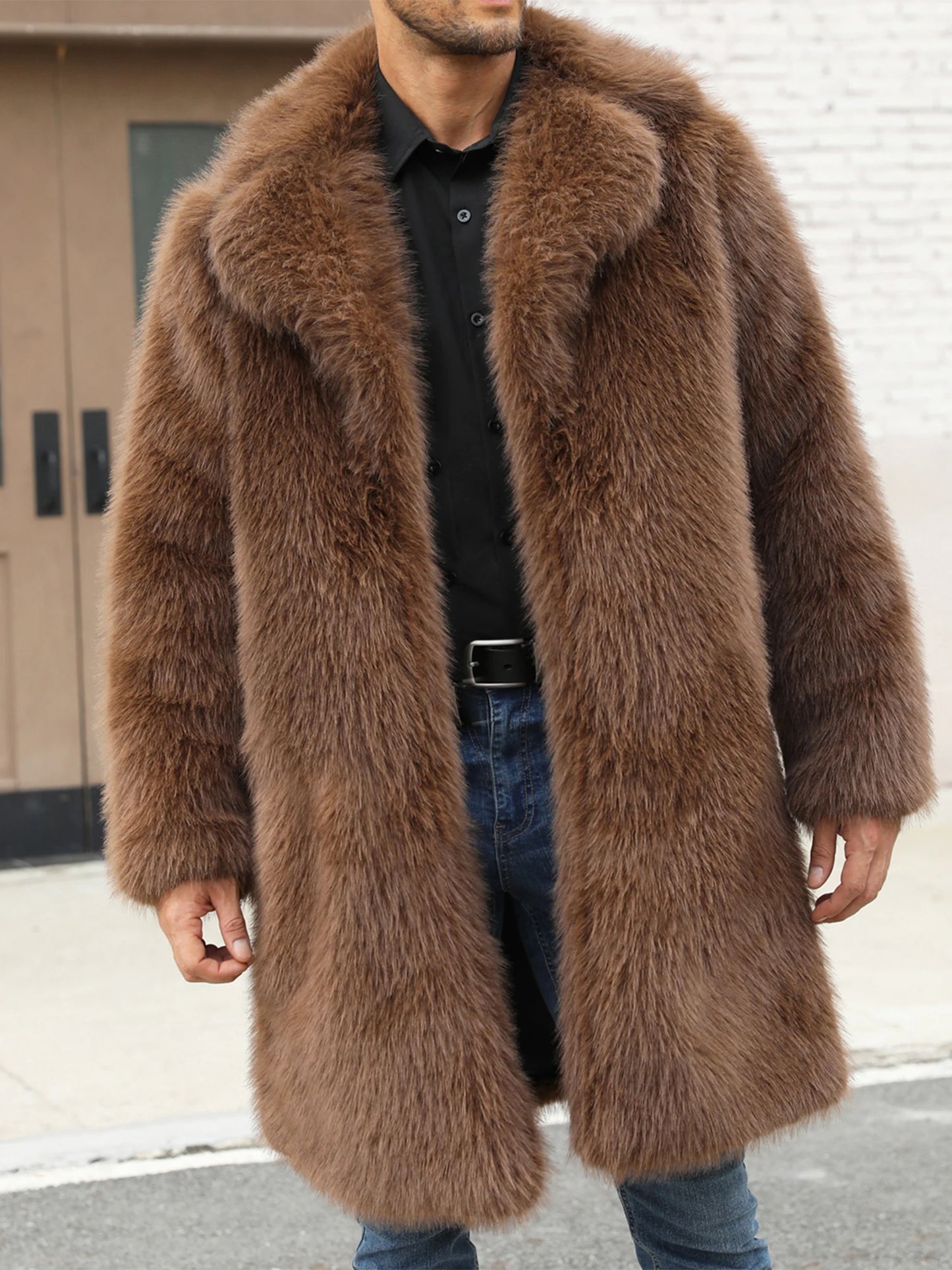 Men's Faux Fur Coat Winter Warm Open Front Overcoat Style