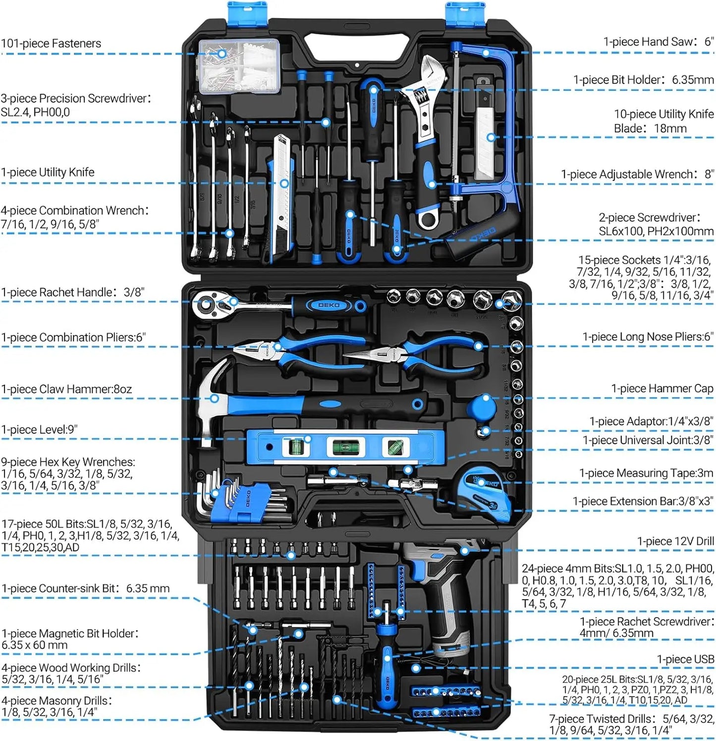 DEKODIY 12V Cordless Drill Tool Set Toolbox Organizer
