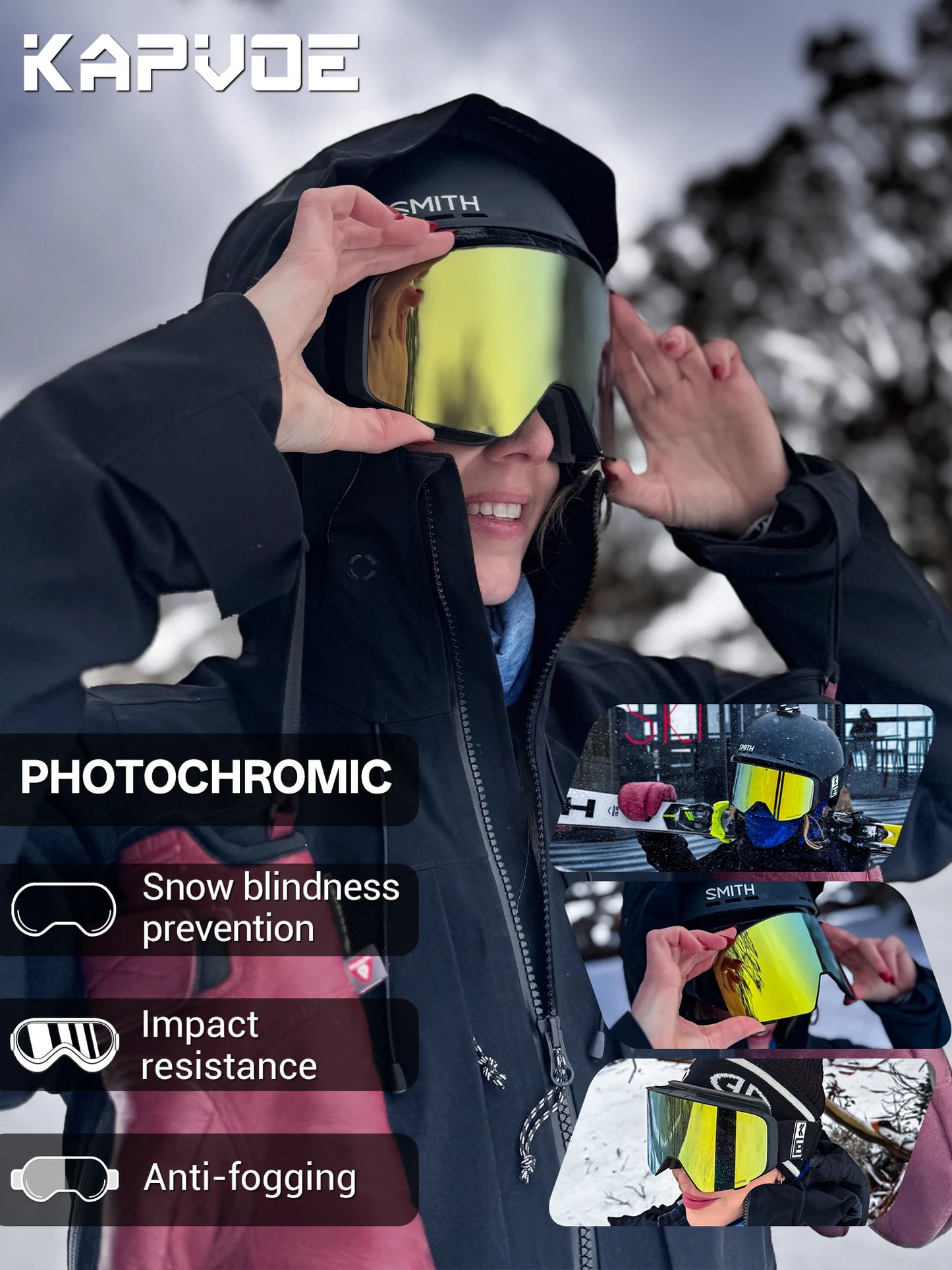 Kapvoe Outdoor Photochromic Ski Goggles Breathable Anti Fog