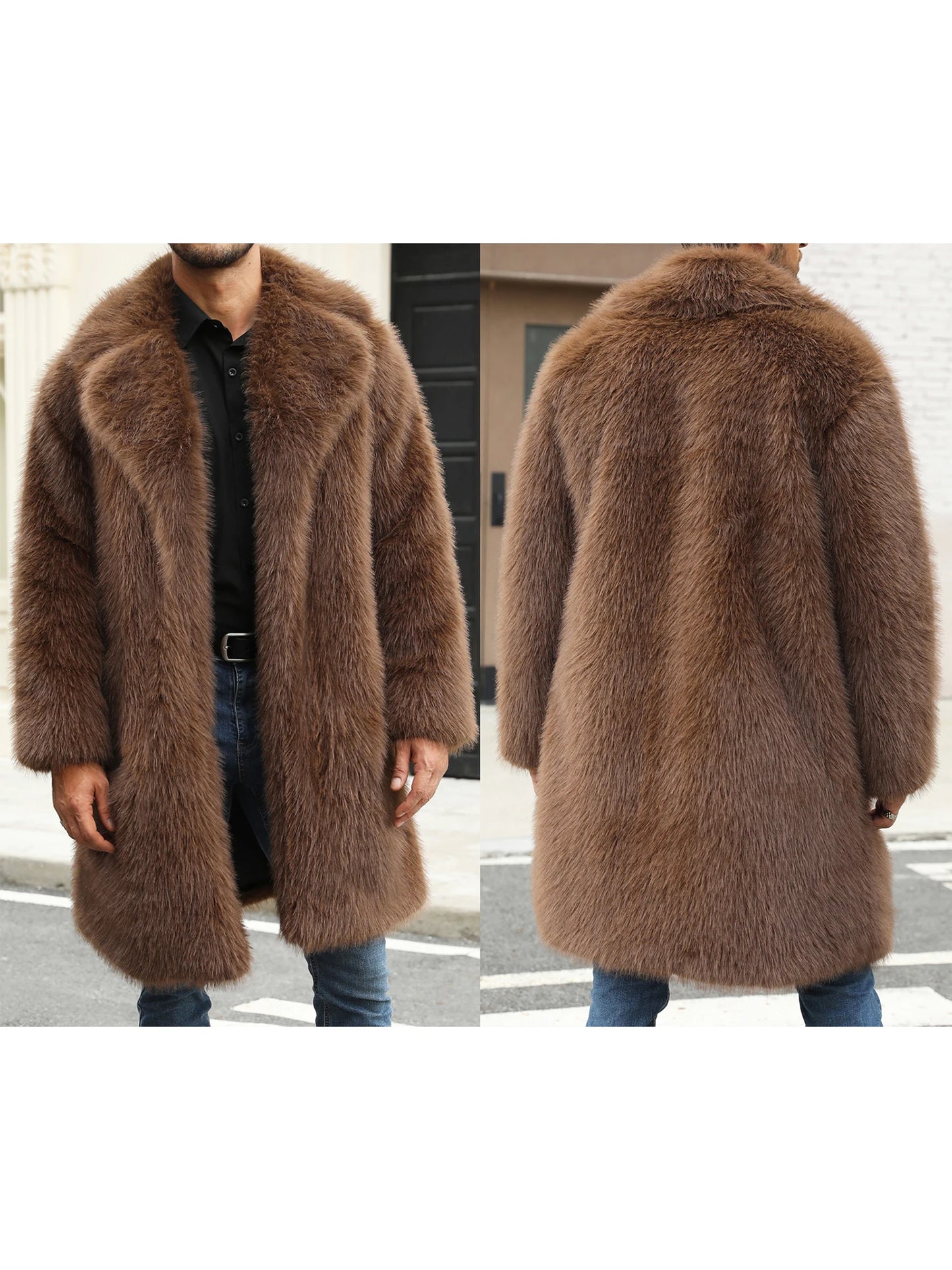 Men's Faux Fur Coat Winter Warm Open Front Overcoat Style
